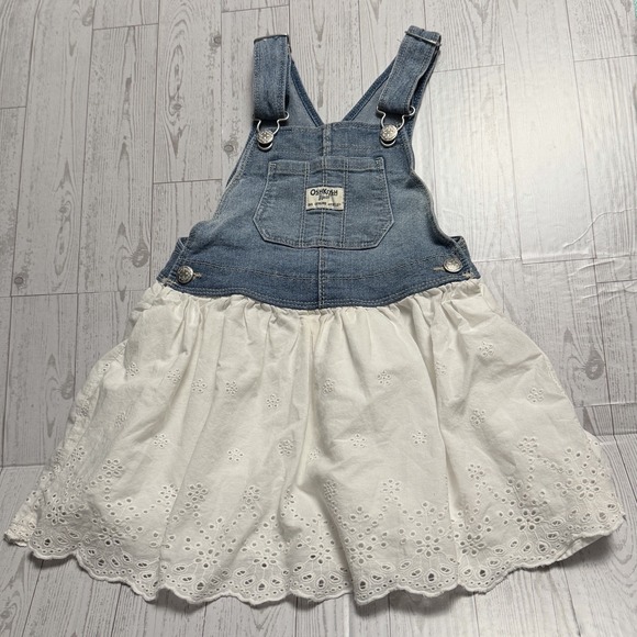 OshKosh B’gosh Other - Oshkosh B'gosh Overalls Dress Denim White Lace Pleated Little Girls‎ Size 4T